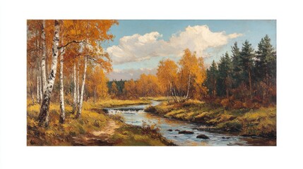 Autumnal River Scene with Birch Trees and Forest