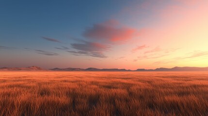 A serene landscape at sunset, showcasing a golden field under a colorful sky, with distant mountains creating a tranquil atmosphere.