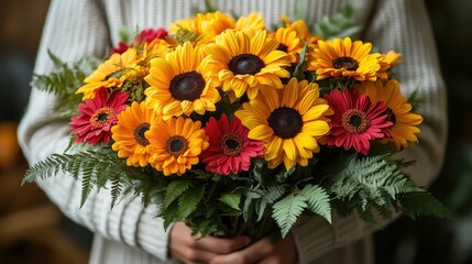 Obraz premium Bright bouquet of sunflowers and gerbera daisies held against a white background