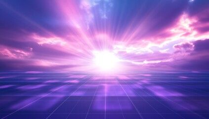 Fototapeta premium Purple sunrise over digital horizon, rays, clouds