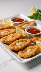 Served platter Fried Oysters w Lemon  Cocktail Sauce