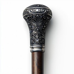 Elegant wooden walking cane with a silver ornate handle, isolated on a white background.