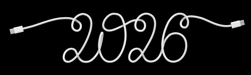 Handwritten inscription 2026 made from white USB-C cable. Stylish calligraphy from wire with Type-C connectors. 3D rendering