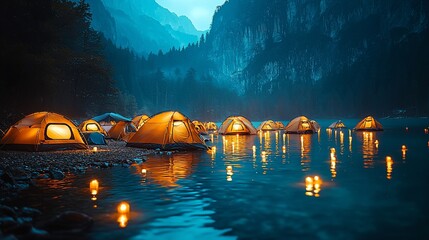 Night camping lake, tents glowing, mountain backdrop, serene scene