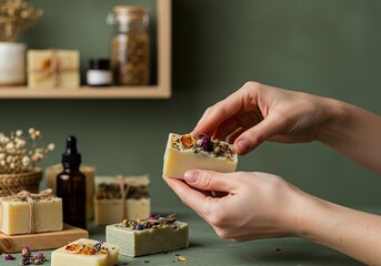 Artisanal Floral Soap - Woman's Hands Holding Natural Bar - Calm and Eco-Friendly Beauty Product.