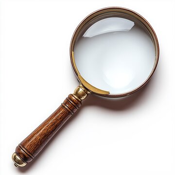 Vintage magnifying glass with a wooden handle and brass frame isolated on a white background.