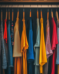 Organized wardrobe with colorful clothes on wooden hangers