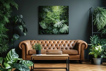 Obraz premium Contemporary Urban Jungle: Cozy Living Space with Vintage Leather Sofa and Lush Green Accents