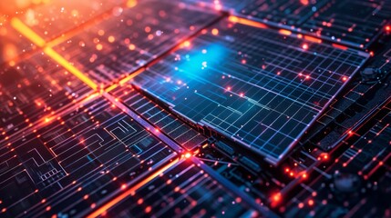 Fototapeta premium AI-generated abstract visualization of a microchip surrounded by intricate glowing circuitry in vivid colors. A concept of futuristic computing and technological advancement.