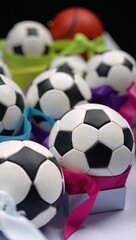 Soccer within a decorated rectangular field ribbon backdrop