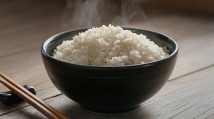 Close-up of a bowl of steaming rice. Placed on a wooden table with chopsticks beside it. Emphasizing the texture and fluffiness of the rice. Ideal for food blogs and recipes.