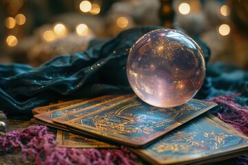 Tarot card reading with crystal ball mystical studio artistic atmosphere