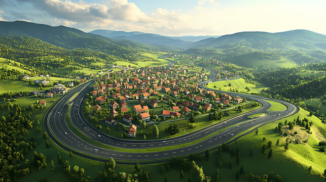 Aerial view of a curved road in the carpathian mountains, near of the petrosani city - romania. beautiful simple ai generated image in unique. Serpentine Cities. Illustration