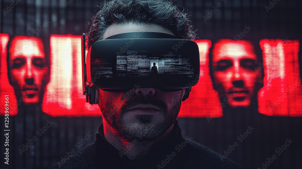 Poster man explores digital deception through high-tech vr headset with deepfake reflections in cyberpunk e