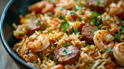 Close-up of rice and American jambalaya with sausage and shrimp in a traditional American serving bowl, emphasizing spicy and hearty qualities. Ideal for American cuisine and hearty meals.
