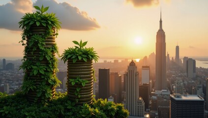 Vibrant city skyline at sunset features urban landscape adorned with greenery and towers of wealth signifying sustainable progress