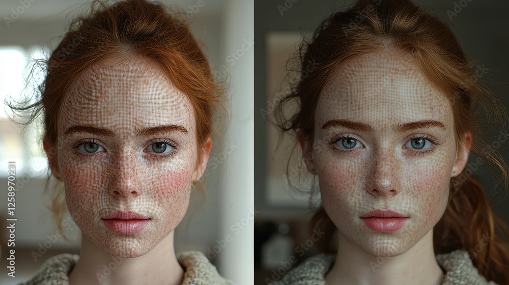 Poster split-screen comparison shows differences between a real person and their deepfake twin highlighting