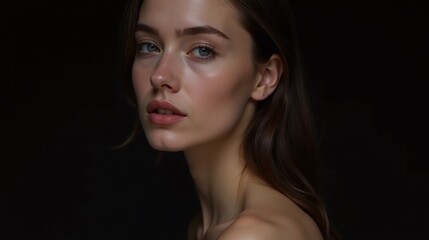 Fototapeta premium A serene portrait of a woman against a dark backdrop.
