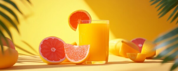 Citrus fruits and juice glass on a vibrant yellow background.