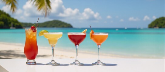 Vibrant tropical drinks on sandy beach with selective focus