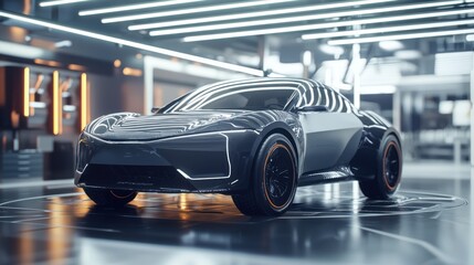 Fototapeta premium Futuristic Electric Sports Car in a Modern Showroom