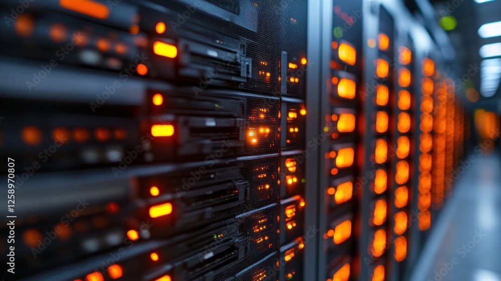 Poster illuminated server racks in modern data center