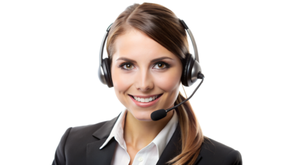 Young business woman telephone operator hotline worker customer support service manager with headset isolated on a white background copy space. Call center concept 