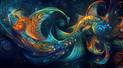 Enchanting glowing neon sea creatures amidst swirling oceanic fractals for nature themed art. Fractal Beasts. Illustration