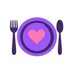 Purple plate with fork, spoon, and heart; food icon; simple graphic
