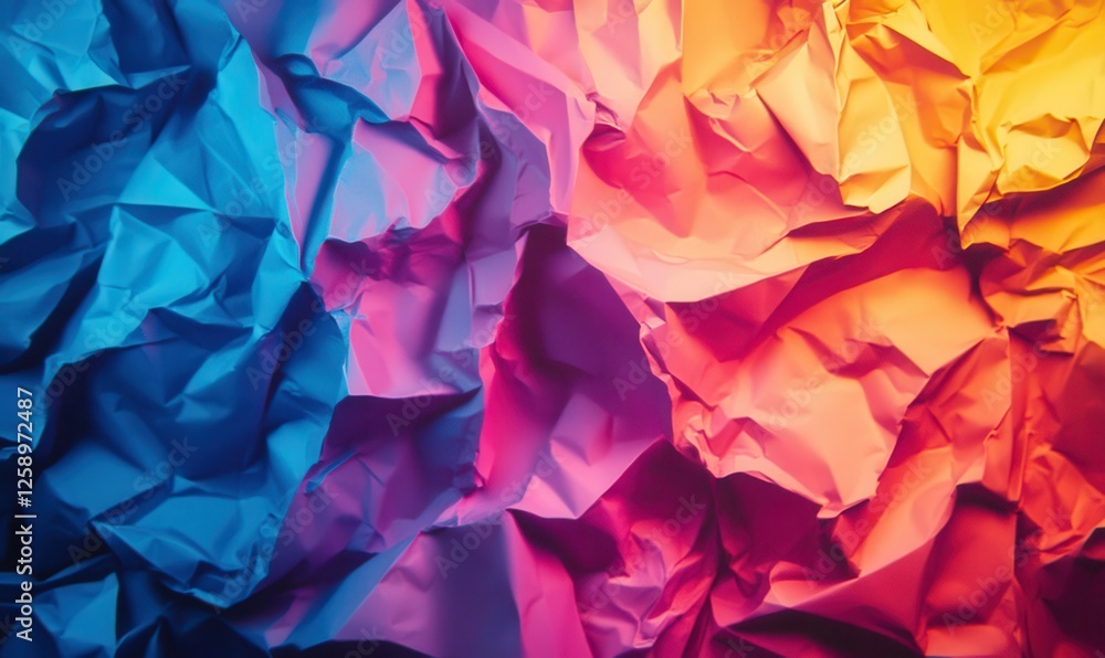 Poster abstract close-up of crumpled multicolored paper, each fold and texture illuminated under dramatic l