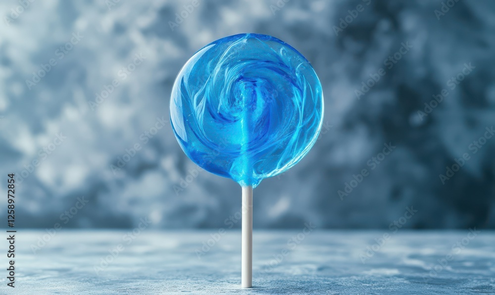 Poster abstract lollipop in vibrant blue tones styled on a gray surface, creating a whimsical and playful c