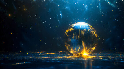 Glowing digital globe surrounded by sparkling particles in space. Concept of global connectivity, technology, data, and futuristic innovation. Copy space