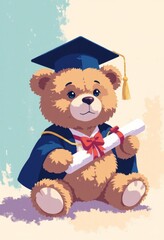 Graduation Teddy Bear with Diploma, Minimalist Flat Color Illustration, Copyspace for Text