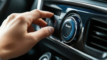 Naklejka premium A person is pressing a button in a car that says Reset Trip