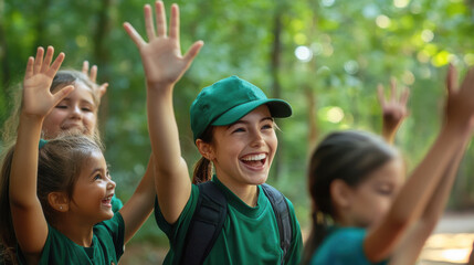 A group of young girls are smiling and waving at the camera