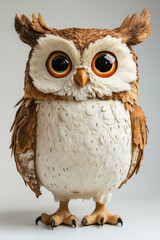 Fototapeta premium A brown and white owl with big eyes standing on a white surface