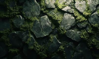 Abstract texture of vibrant green moss covering an aged stone wall, its intricate details brought to life with subtle lighting for an earthy feel