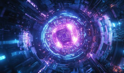 Obraz premium Advanced AI chip glowing softly in neon blue and purple tones, surrounded by complex circuitry, sharp futuristic design with high detail, sci-fi tech theme