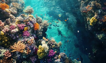 Fototapeta premium Aerial shot of a coral reef teeming with marine life in turquoise waters, showcasing the vibrant ecosystem and natural beauty of the ocean.