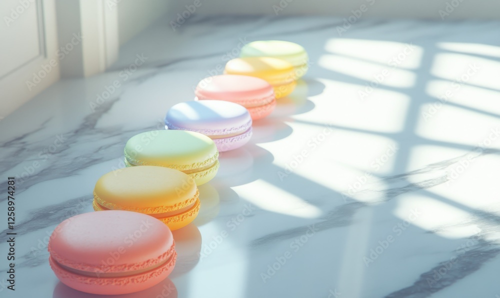 Poster array of colorful macarons styled on a marble surface with soft natural light, creating a delightful