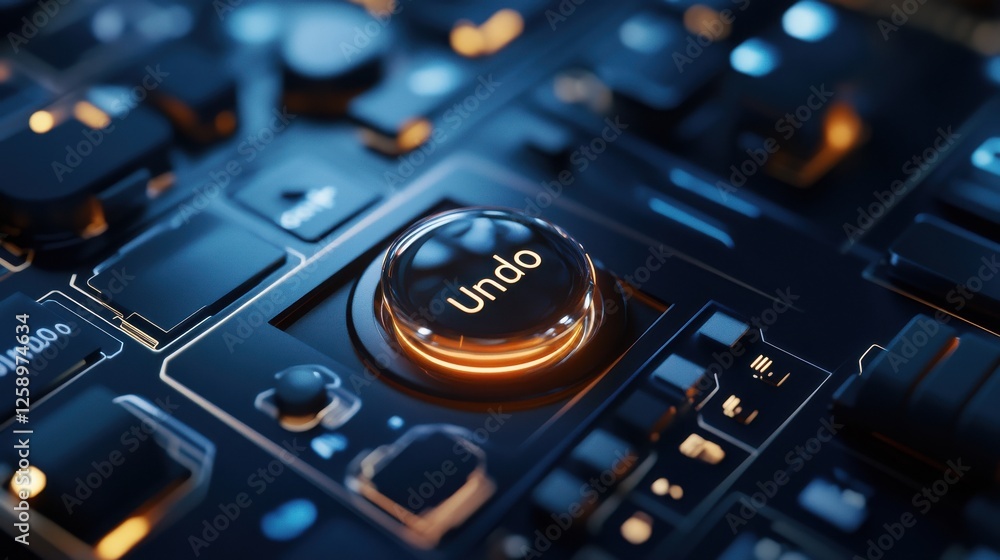 Poster a close up of a circuit board with a glowing button that says undo