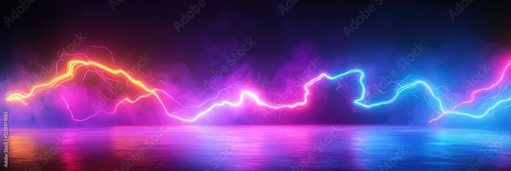 Poster dynamic neon trajectory: chaotic zigzag lines illuminated by blue and yellow rays in an abstract ult