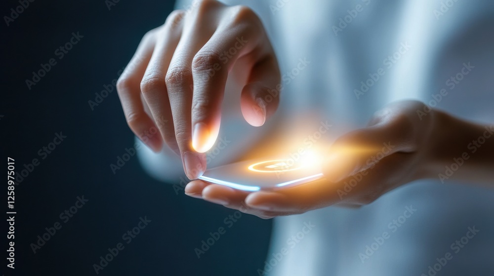 Poster a person is holding a cell phone and pressing a button
