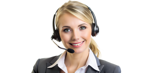 Young business woman telephone operator hotline worker customer support service manager with headset isolated on a white background copy space. Call center concept 
