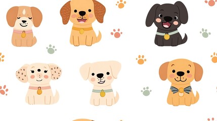 Obraz premium Seamless pattern of cute dogs in happy and playful poses featuring various puppies in adorable cartoon style for fabric wallpaper and pet accessories