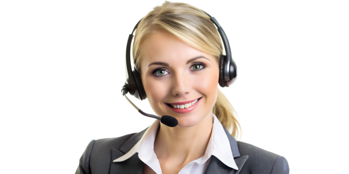 Young business woman telephone operator hotline worker customer support service manager with headset isolated on a white background copy space. Call center concept 