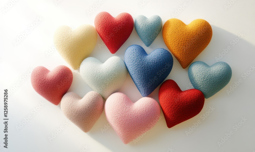 Poster beautiful arrangement of colorful hearts made of felt, placed on a clean white background with soft 