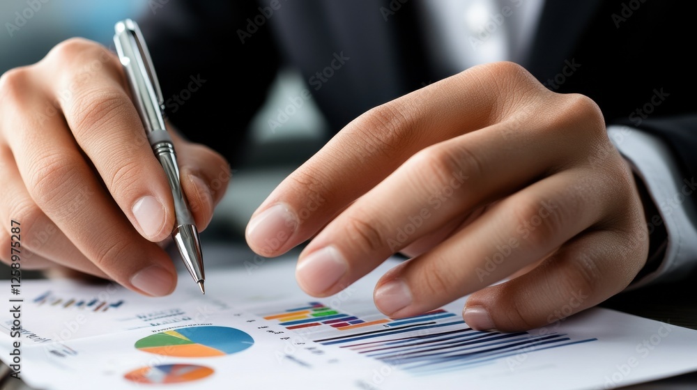 Aufkleber A man is writing with a pen on a piece of paper with a lot of numbers and graphs