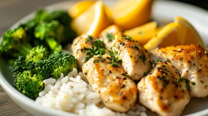 Close-up of rice and lemon herb chicken with steamed broccoli on a white plate, emphasizing fresh and tangy qualities. Ideal for healthy meals and quick dinners.