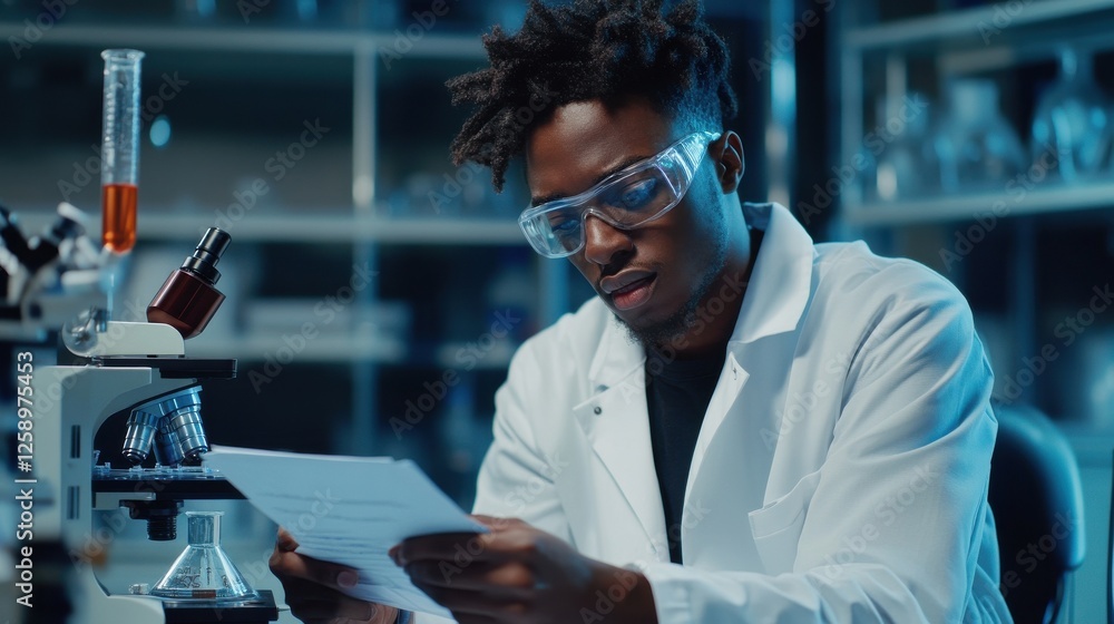 Poster a man in a lab coat is reading a piece of paper while wearing safety goggles